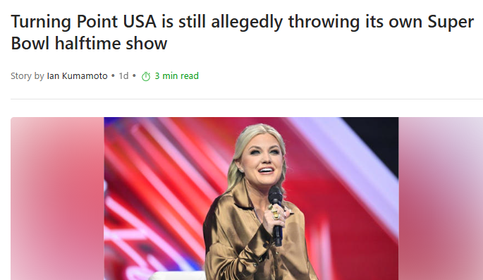 herotimeszero's tweet photo. Turning Point USA releases names of performers at their Super Bowl halftime show:

-Kid Rock
-Lara Trump
-Mel Gibson
-Aryan Brotherhood
-Disney on Ice
-Murder by ICE
-Randy Quaid
-Not the Epstein files
-Ted Nugent
-The Village People, starring Donald Trump as the village idiot https://t.co/HP6FHYG3mO