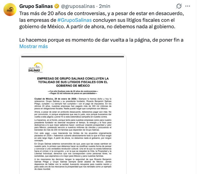 #HoraDePagar. A pesar de sus múltiples desafíos y desplantes, el empresario <a href="/RicardoBSalinas/">Don Ricardo Salinas Pliego</a> realizó hoy el primer pago de 10 mil 400 mdp al <a href="/SATMX/">SATMX</a> y el resto de los 22 mil mdp (obtuvo el beneficio de descuento para pagar 32 mil mdp) los realizará en “abonos” de 18 pagos.