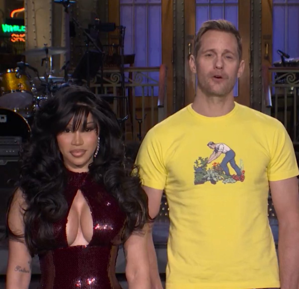 PopBase's tweet image. Cardi B and Alexander Skarsgård for SNL.