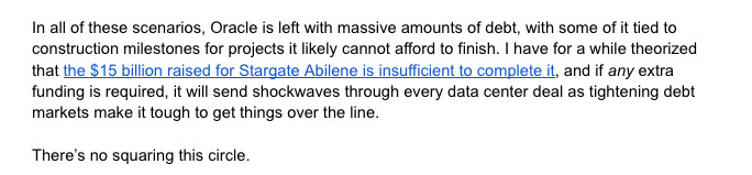 edzitron's tweet photo. When I say "run out of money," I mean that Oracle cannot afford to pay the debt on its data centers if OpenAI does not pay it. For OpenAI to do so, it will have to make more money than Salesforce in the space of a year and raise $200bn in the next two.
https://t.co/VAW1pVo5MO https://t.co/YbO82zEp0f