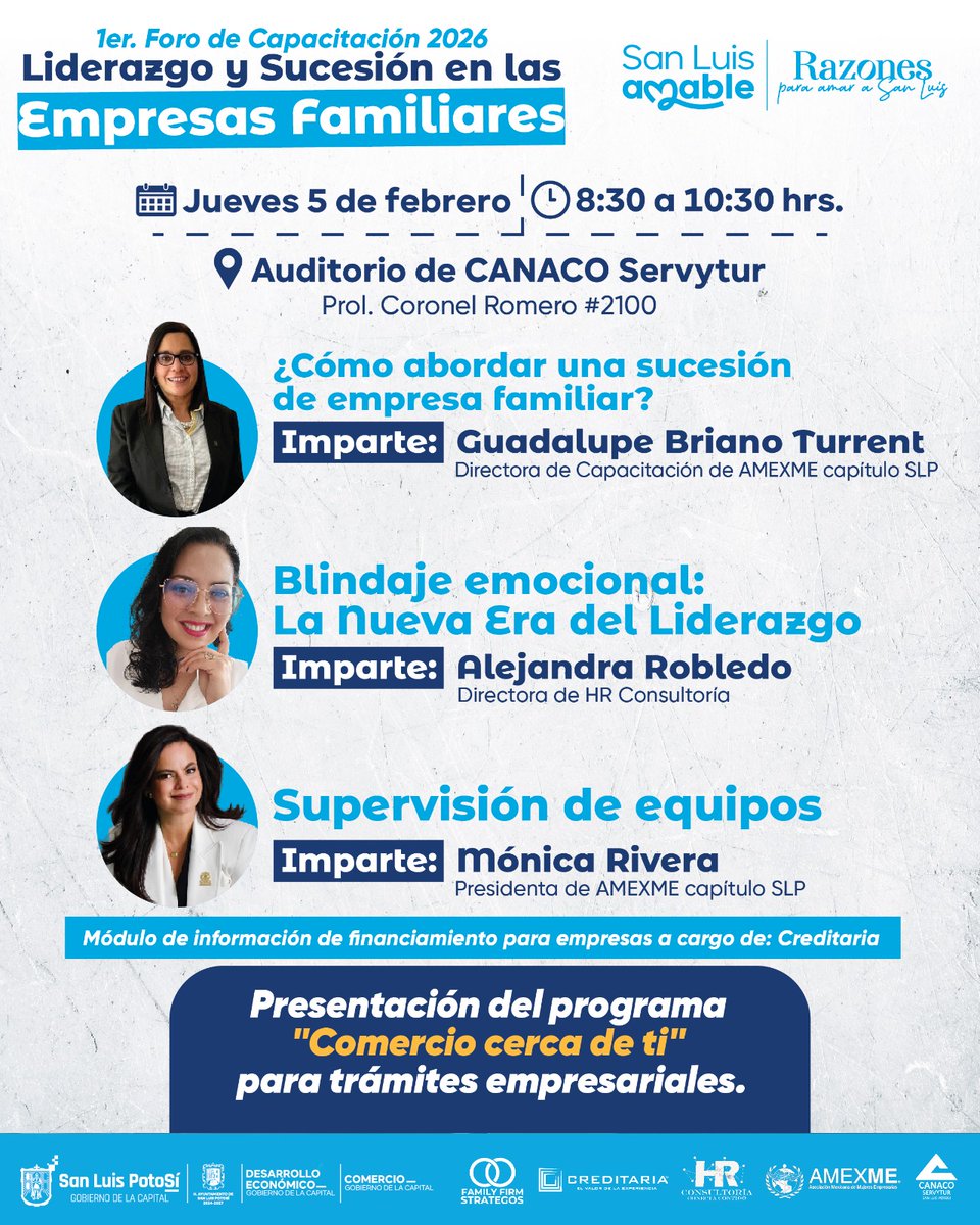 👥📈 El futuro de las empresas familiares se construye hoy.

Asiste al 1er Foro de Capacitación 2026 Liderazgo y Sucesión en las Empresas Familiares.

📅 5 de febrero | ⏰ 8:30 a 10:30 h
📍 CANACO Servytur

Regístrate: bit.ly/4qPudSM
