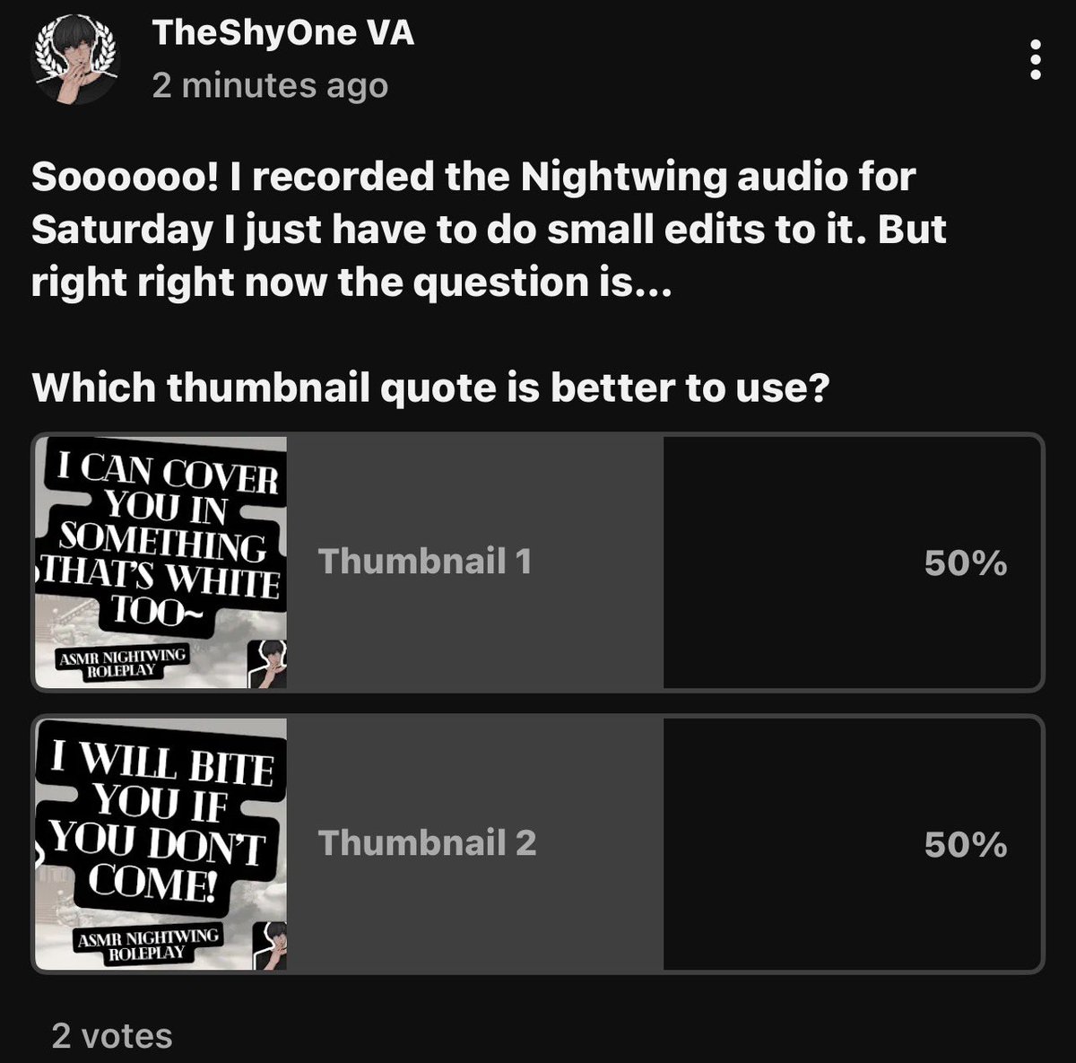 Made a poll on which thumbnail quote looks better on YouTube :3 

youtube.com/post/Ugkxf-eO4…