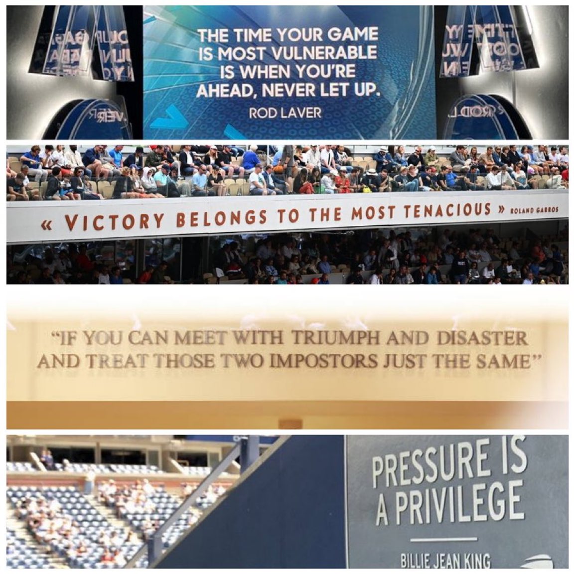 settenisok's tweet photo. Las frases de los GS:

����🇺: El momento más vulnerable de tu juego es cuando estás por delante.

🇫🇷: La victoria le pertenece al más tenaz.

🇬🇧: Si puedes encontrarte con el Triunfo y el Desastre, y tratar a esos dos impostores de la misma manera.

🇺🇸: La presión es un privilegio. https://t.co/En8o8tsnYG