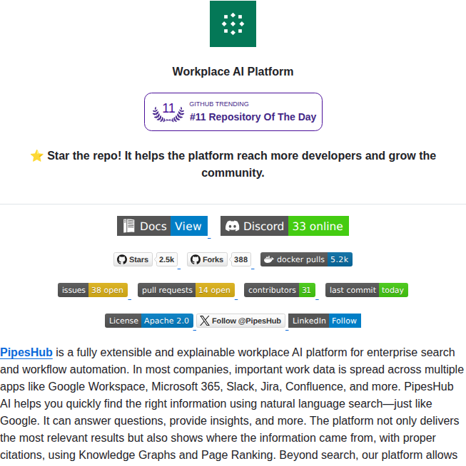 tom_doerr's tweet photo. Workplace AI for search and workflow automation

https://t.co/52vTggk0qs https://t.co/5LWaJEqFrD