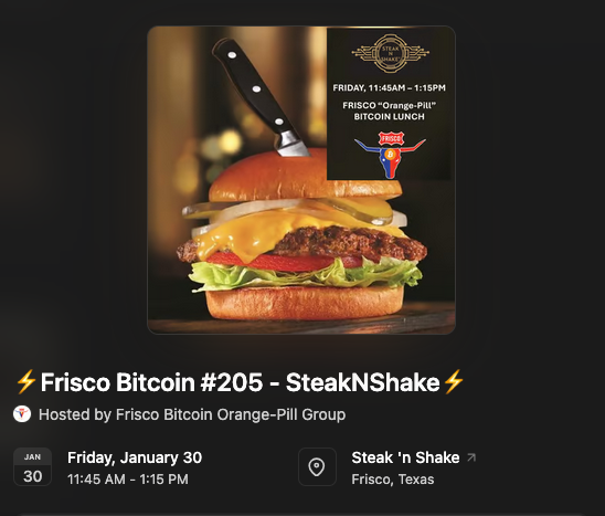 FriscoBitcoin's tweet photo. Let's discuss #Gold 🪙and #Bitcoin at Friday Lunch! 

⚡️Frisco #Bitcoin Lunch #205⚡️
 ⏲️Friday (1/30) 11:45am - 1:15pm
🍔 @SteaknShake (Preston Rd/Frisco) https://t.co/pXsNv3v3TL