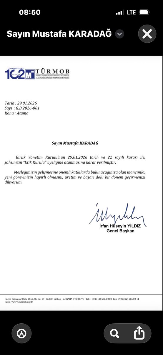 TÜRMOB Yönetim Kurulu 29.01.2026 Tarih 22 nolu Kararı ile Etik Kurul Üyeliğine atandım. Genel Başkanımız Hüseyin İrfan Yıldız’a, Genel Sekreterimiz Yahya Arıkan’a ve Yönetim Kurulunun bütün üyelerine teşekkür ediyorum. Mesleğimize elimden geldiğince katkı sunmaya çalışacağım.