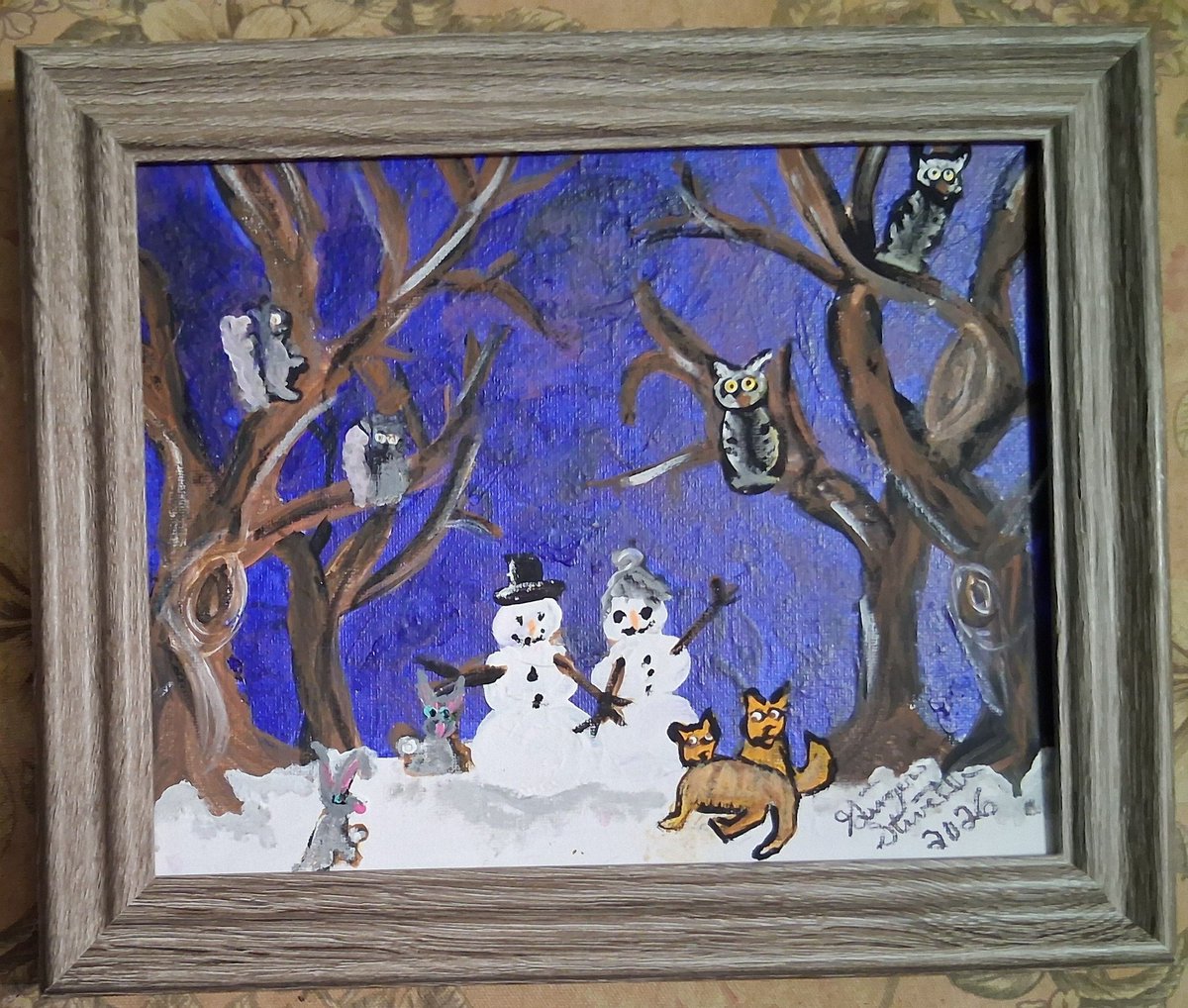 Another 2026 #artwork of mine. #snow men and #animals "Everyone needs a #love." #art #snow #fox #OWL #Rabbit #squirrel