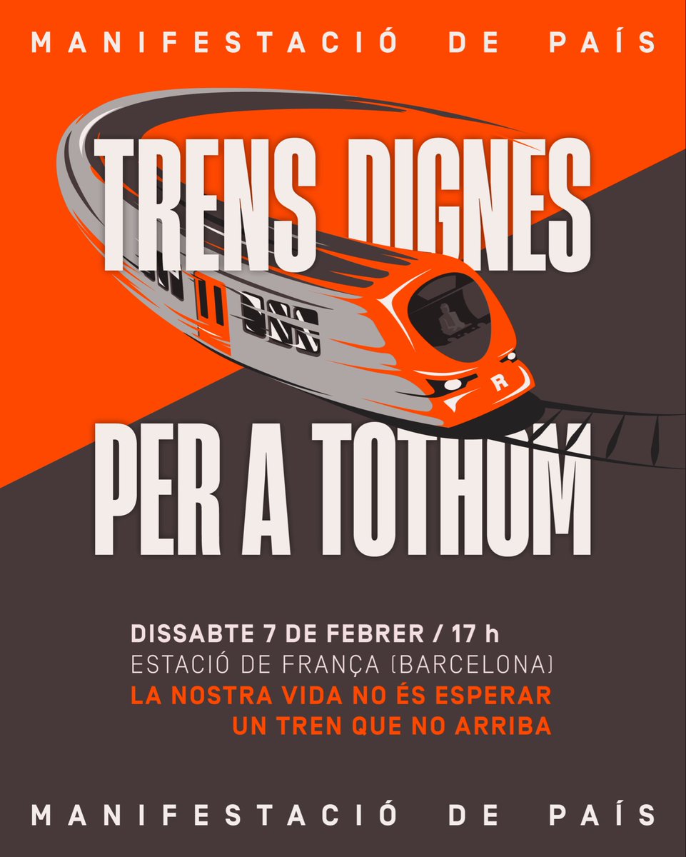 JoanCalzada's tweet photo. 🚇La mobilitat ferroviària és essencial per a la cohesió social, l’accés al treball, el dinamisme econòmic i la transformació ecològica.

❌Sense trens no hi ha treball, sense trens no hi ha vida, sense trens no hi ha futur.

📣Tots al carrer per un servei ferroviari digne! 💪 https://t.co/RlyYBgpDEq