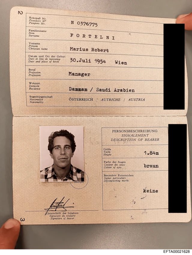 One of the more dramatic pieces of evidence in the Epstein case is the fraudulent Austrian passport that FBI agents found in a safe in his New York home. 

The passport reportedly:
•Was issued in the 1980s
•Listed a different name but featured Epstein’s photograph
•Listed a