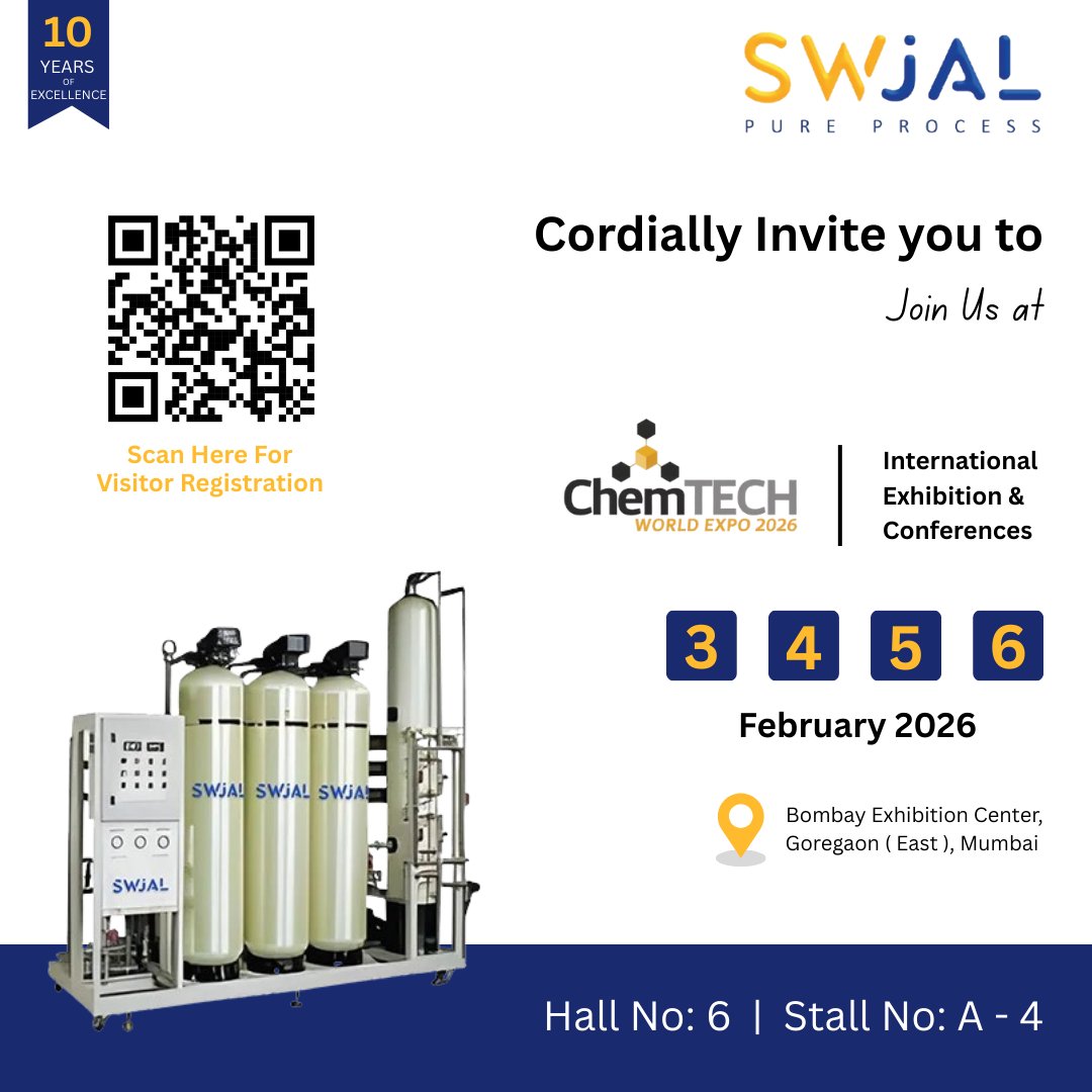Swjalprocess's tweet image. Meet SWJAL Process Pvt. Ltd. at ChemTECH World Expo 2026 and explore advanced water purification &amp;amp; process solutions built for quality, safety, and compliance.

📍 BEC, Mumbai | 🏢 Hall 6, Stall A-4
📅 3–6 Feb 2026

#ChemTECH2026 #SWJALProcess #WaterTreatment #IndustrialWater