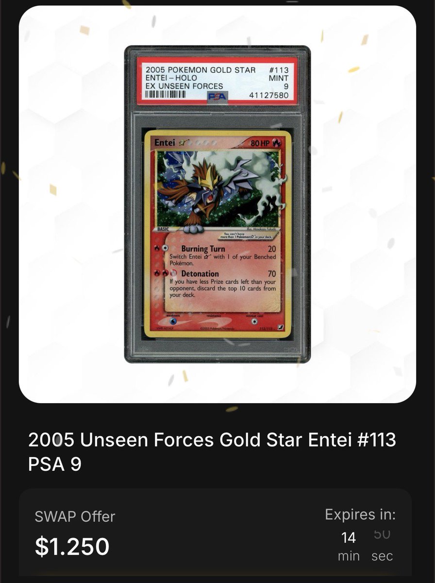 kvs_eth's tweet image. Woke up ➝ threw $50 at a pull ➝ casually hit a LEGENDARY GOLD STAR 🤯

This is EXACTLY why @Beezie is different.
Non-stop Ws.
Non-stop rewards.

Pulling a 2005 Unseen Forces Gold Star Entei PSA 9 like this is straight-up unreal.
$50 → $1,250+ value… let that sink in

If…