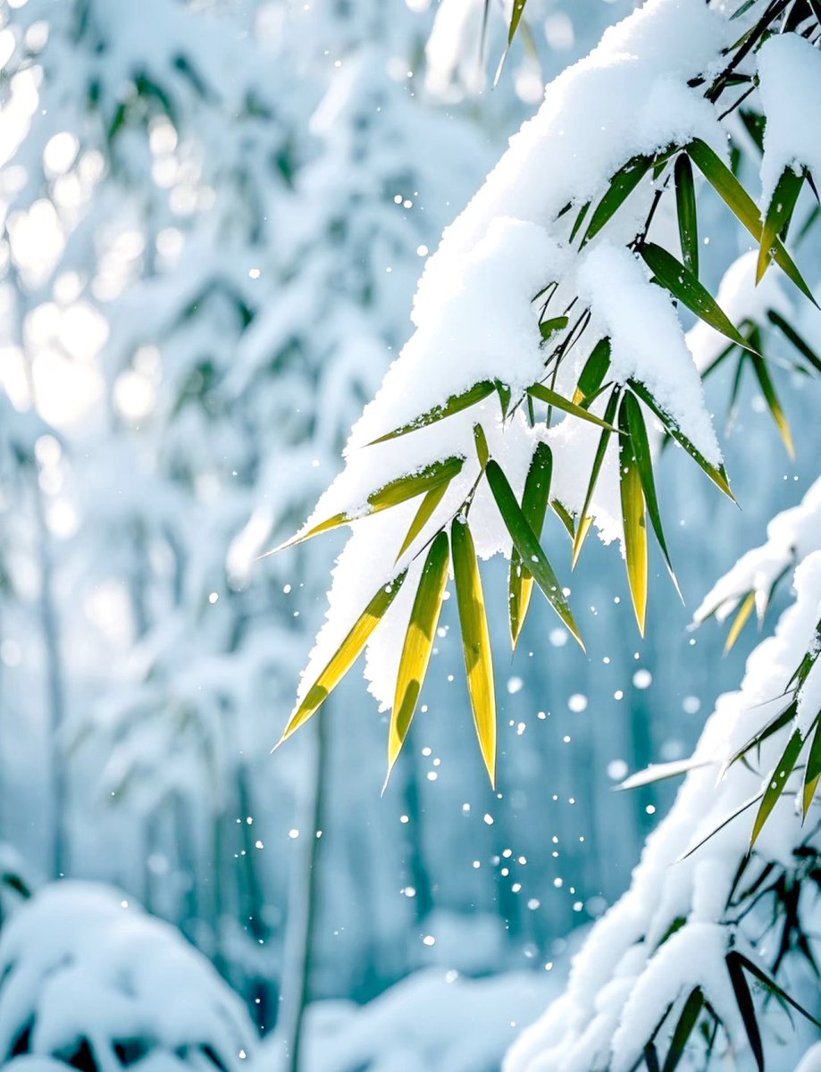 In winter, snow-covered bamboo forests look like a painting. Green leaves mix with white snow, and dappled light dances on the snow, conveying tranquility and harmony.