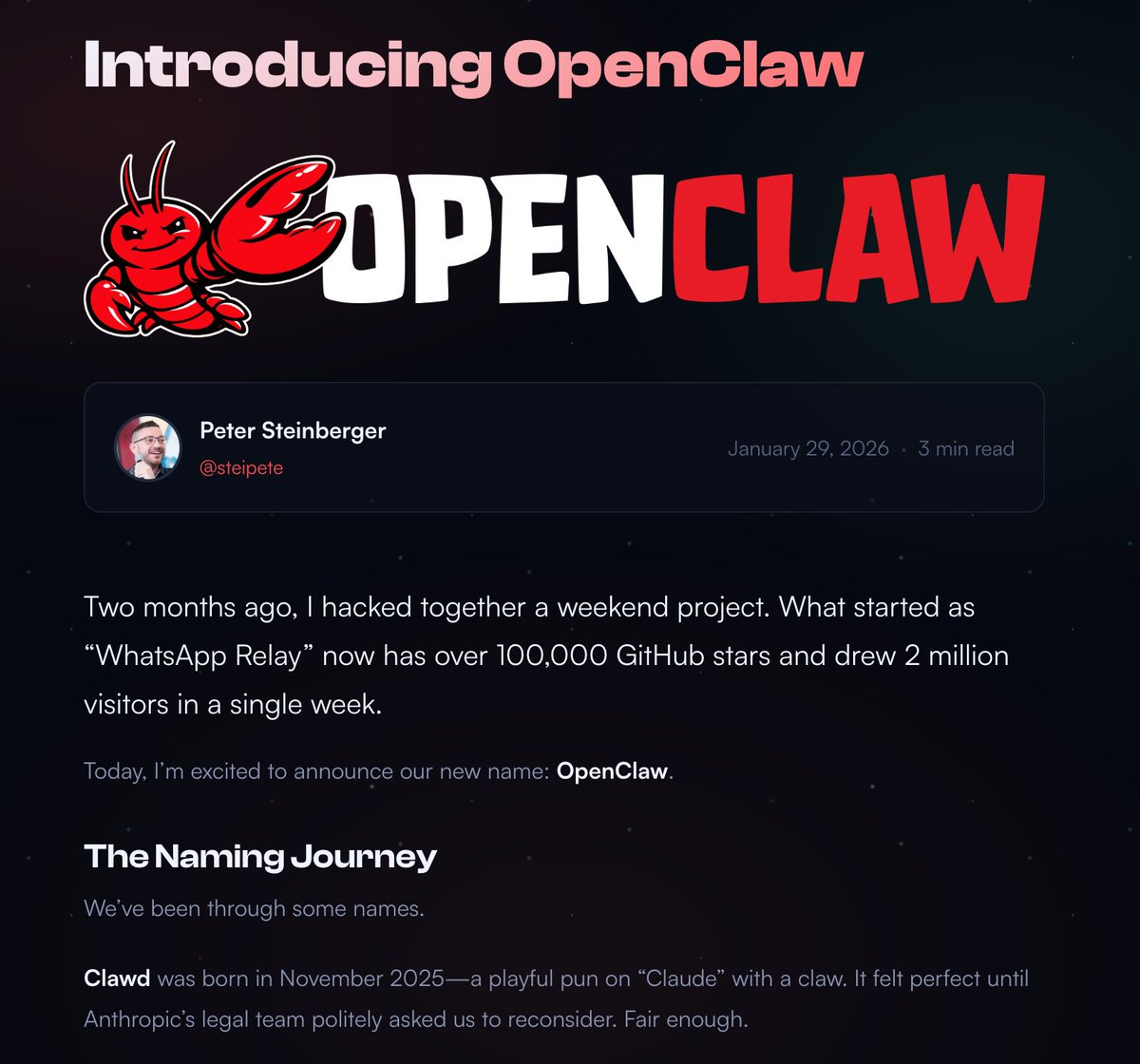 아니 저기요 ㅋㅋㅋ 와.. 진짜 말이 안 나오네요ㄷㄷ
OpenClaw 로 완벽하게 선언했습니다!

Clawd → Moltbot → OpenClaw 🦞

주말 프로젝트로 시작해 GitHub 스타 10만 개, 주간 방문자 200만 명.
랍스터가 드디어 완전체로 탈피했군요..!

↓

The Naming Journey.. 여기가 재미있습니다.

Clawd: