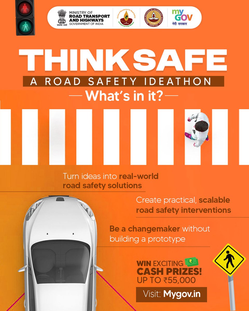 mygovindia's tweet image. Got an idea that can save lives on the road?
ThinkSafe is calling all young minds to turn smart ideas into safer streets. No prototype. Just pure innovation.

🔗 mygov.in/task/thinksafe…

#ThinkSafe 
#RoadSafetySolutions 

@MORTHIndia  @CoERS_IITM @iitmadras