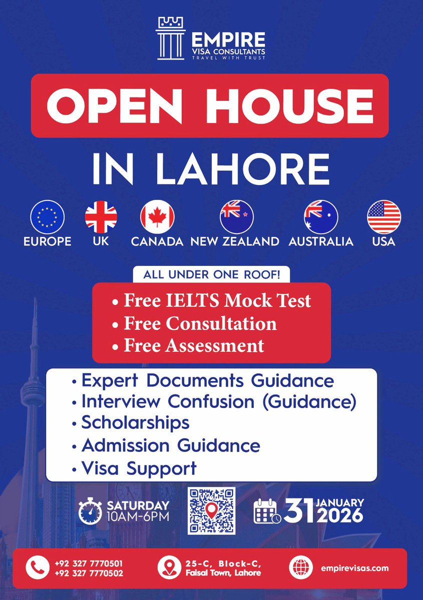 empirevisas's tweet photo. Join us on 31st January,2026. 
Study abroad Open house, where you can get:
✅Free consultation 
✅Free IELTS mock test
✅On spot offer letters https://t.co/u7Z8kqsutB