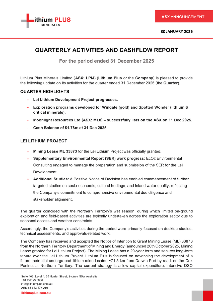 LithiumPlus_'s tweet photo. $LPM's December 2025 Quarterly Report is out. Highlights include progression of Lei Lithium Development Project, exploration program development at Wingate &amp; Spotted Wonder and Moonlight Resources Ltd listing. Full Report: https://t.co/X8IlaxNCeW

#LithiumPlusMinerals https://t.co/1nyVnfM4cX