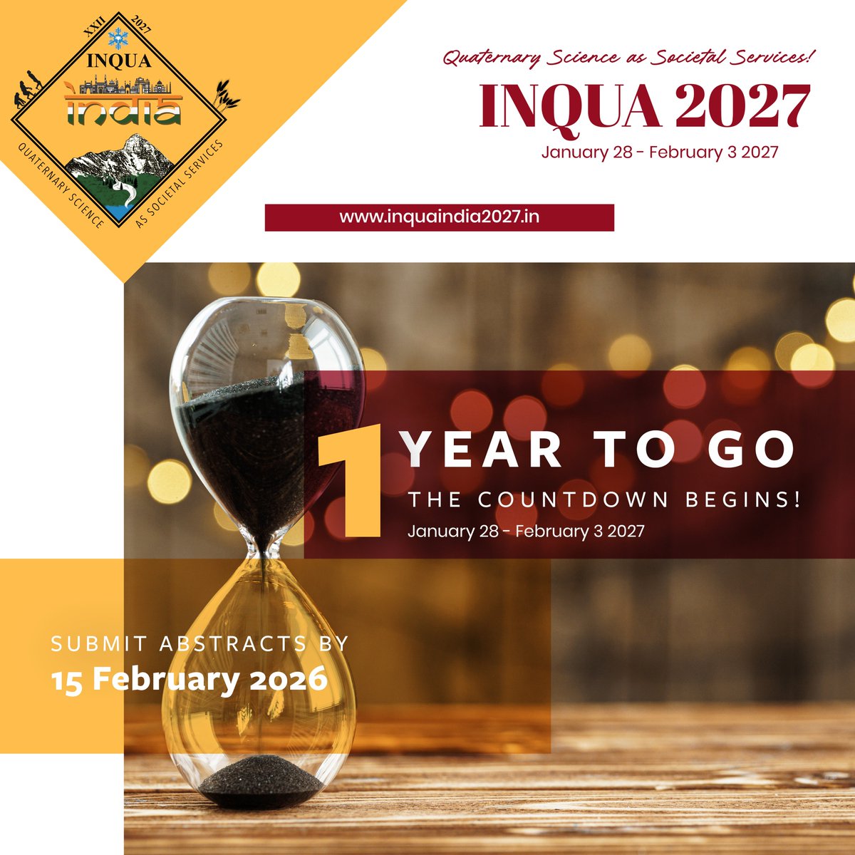 inqua2027india's tweet photo. ⏳ 1 Year to Go!
The countdown to @INQUA 2027 India has begun!

📍 Lucknow, India
🗓 28 January – 3 February 2027
We look forward to welcoming the global Quaternary science community for conversations that connect science, society, and sustainability.
🔗 https://t.co/Y6ma0tOUt9 https://t.co/RNPGphLhhE