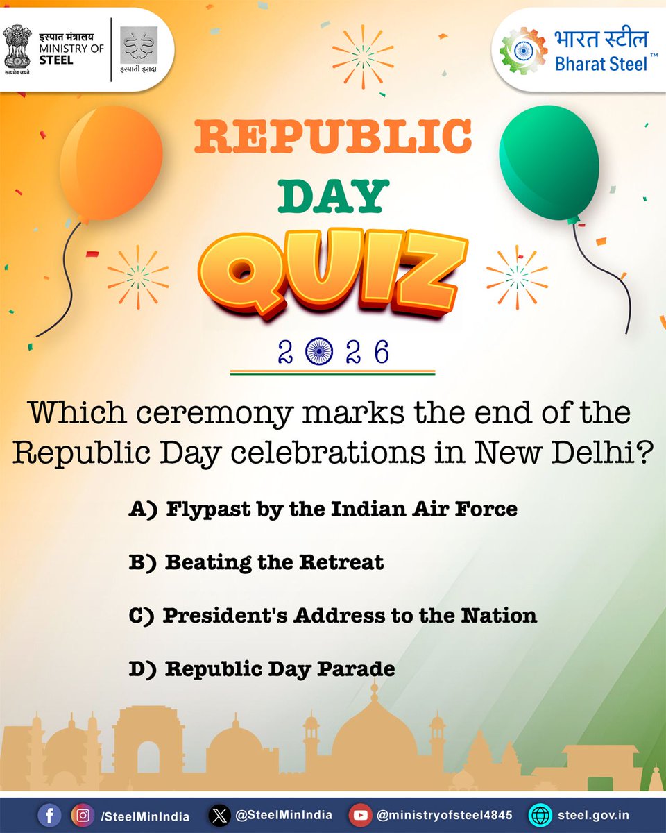 SteelMinIndia's tweet image. Test your knowledge this Republic Day 🇮🇳

Take the quiz and celebrate the spirit of the Constitution and the nation.
Drop your answer in the comments below.

#RepublicDay #QuizTime #KnowYourIndia #ProudToBeIndian