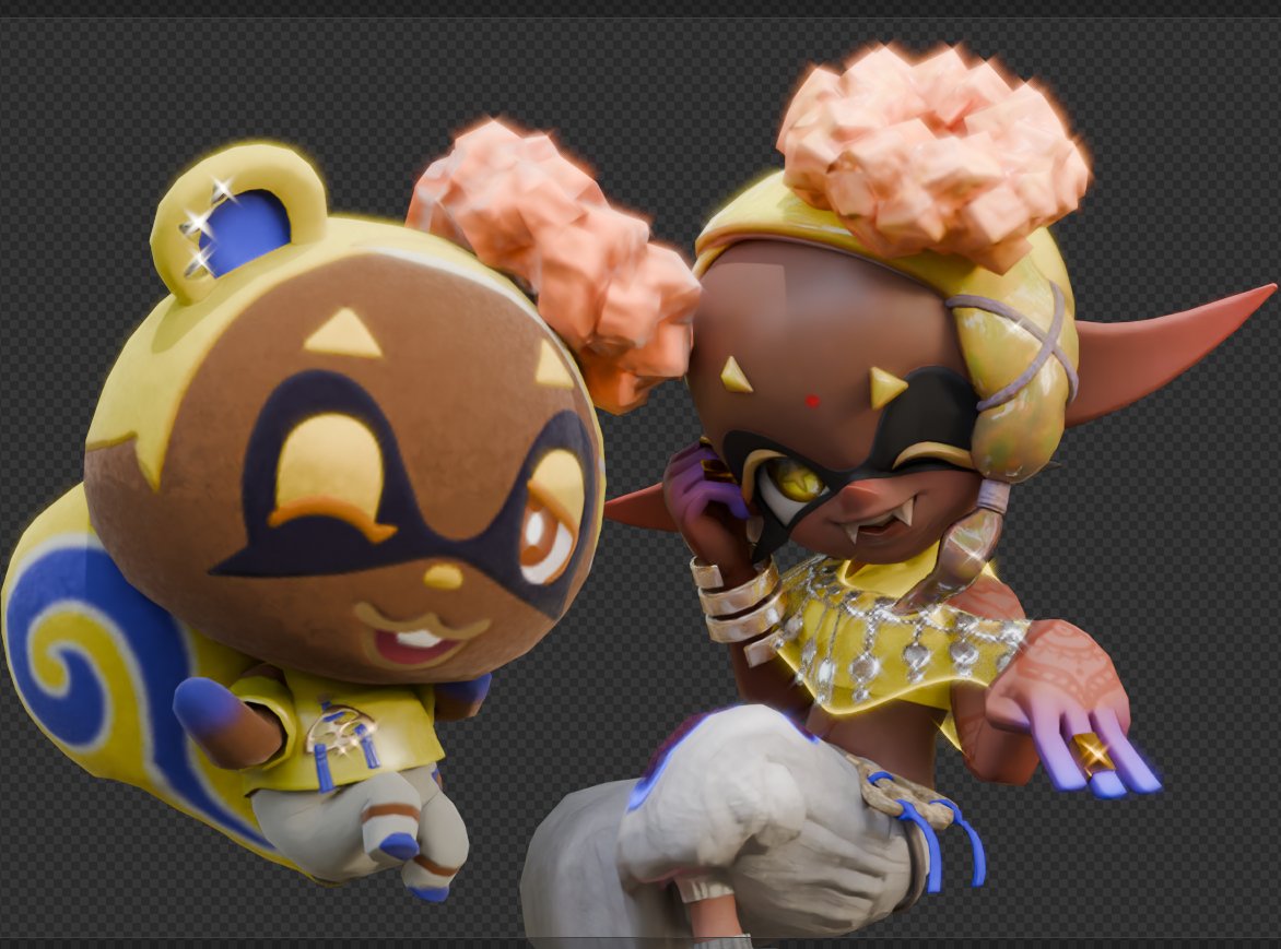 [!UPDATE!]  

Okayyy- I'm getting somewhere heree :0cc💛💜✨

(Idk if I'm gonna change anything abt their poses but..-💥)   

#Splatoon3 #AnimalCrossing #Blender3D