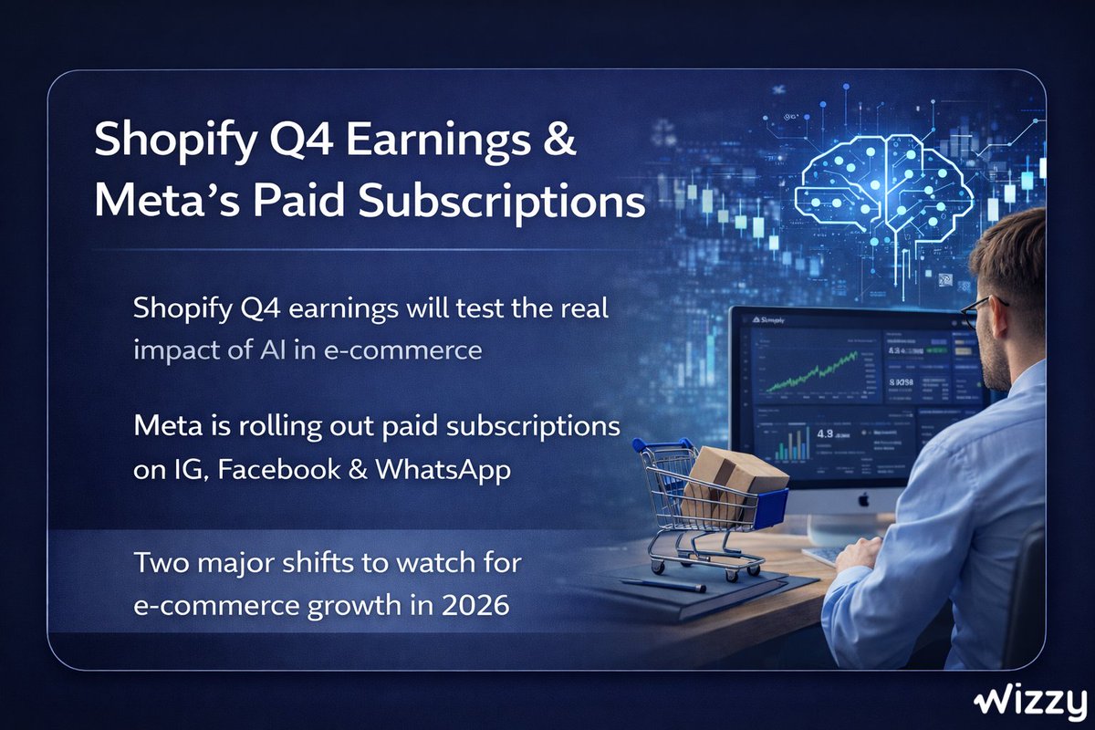 WizzyAi's tweet photo. As Shopify prepares to report Q4 results

The spotlight is on how much AI is really improving commerce outcomes

Meta, meanwhile, is introducing paid subscriptions
across its major platforms

Ads alone are no longer enough!

#Shopify #Meta #Ecommerce #AIinCommerce #TechNews https://t.co/vxmtx49DsM