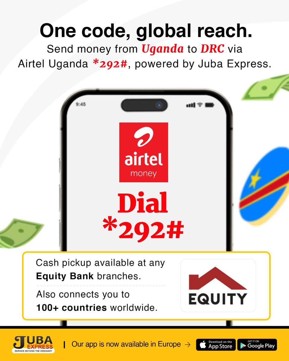 JubaExpress's tweet image. Send money from Uganda to DRC via Airtel Uganda *292#, powered by Juba Express. Cash pickup available at any Equity Bank branches. Also connects you to 100+ countries worldwide.

#moneytransfer #jubaexpress #sendmoneyuganda #airteluganda #fundtransfer #ugandatodrc