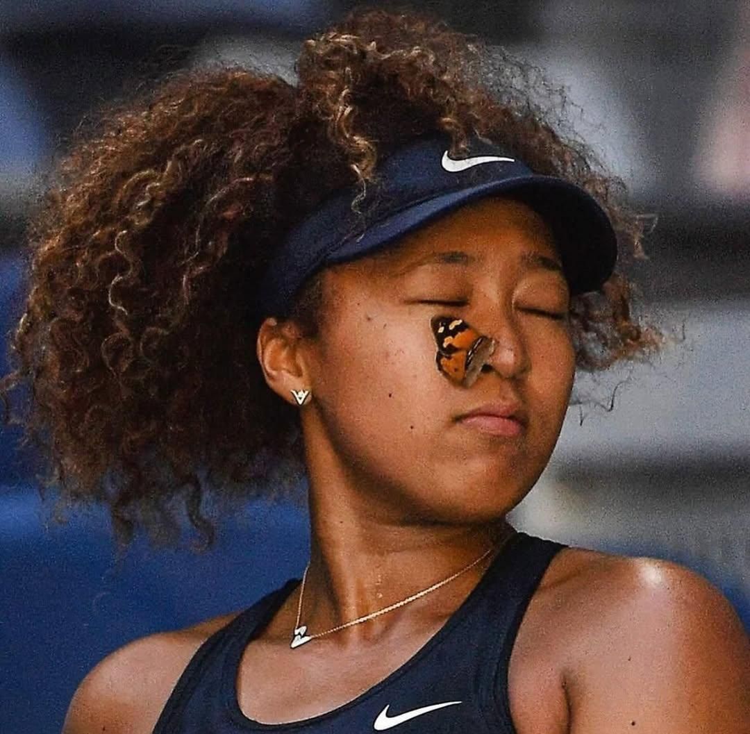 culturejpg's tweet image. Naomi Osaka carefully removing a butterfly that landed on her nose while playing tennis