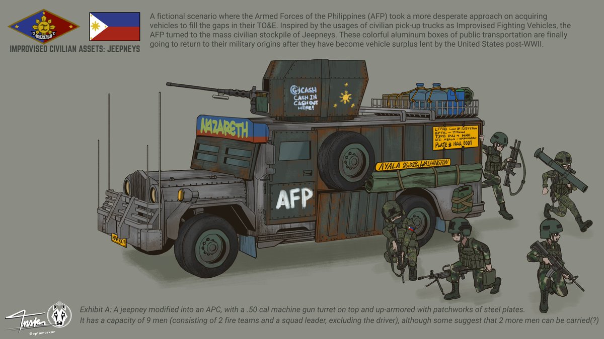 optamaskan's tweet photo. Improvised Civilian Assets: Jeepneys

A fictional scenario if the AFP took a more desperate approach on acquiring vehicles... https://t.co/AhA2l4rjE7