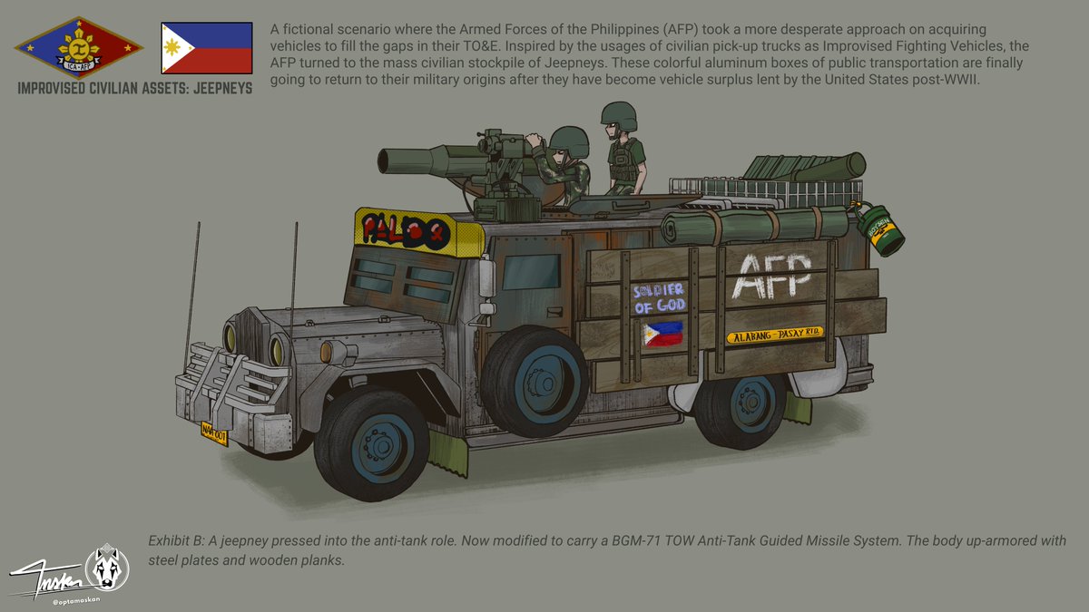 optamaskan's tweet photo. Improvised Civilian Assets: Jeepneys

A fictional scenario if the AFP took a more desperate approach on acquiring vehicles... https://t.co/AhA2l4rjE7
