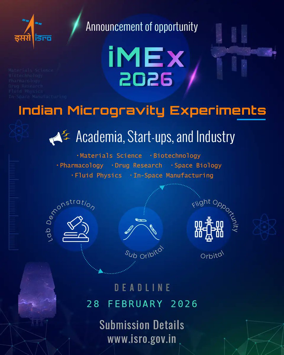 IMEx‑2026: Indian Microgravity Experiments ISRO &amp; HSFC invite academia, start-ups &amp; industry to propose experiments in: Materials • Biology • Pharmacology • Fluid physics  In-space manufacturing &amp; more Deadline: 28 Feb 2026 
#manipur <a href="/BiswajitThongam/">Th.Biswajit Singh</a>
isro.gov.in/IndianMicrogra…