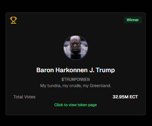 🚨WE HAVE A WINNER!🚨

Baron Harkonnen J. Trump is the next Memecoin to enter The Asylum. 
You Voted. We Minted. Now Go Claim Your $Trumponnen!!

Mint 👇👇👇👇👇👇app.memeasylum.com/meme/0x89c8eb3…