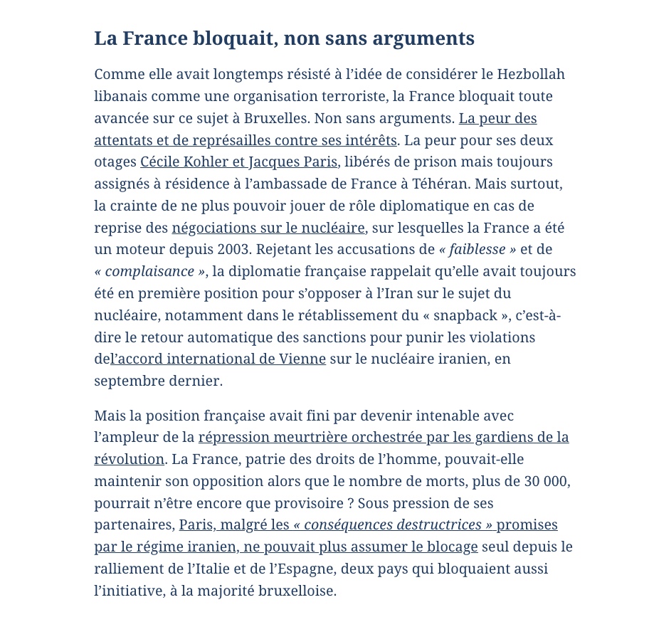 denisedetralala's tweet photo. Après l’Espagne et l’Italie, Paris a levé son blocage à l’inscription des #Pasdarans (#CGRI) sur la liste européenne des mouvements terroristes. https://t.co/fjBXiawVVI https://t.co/ErwJ9eqKec