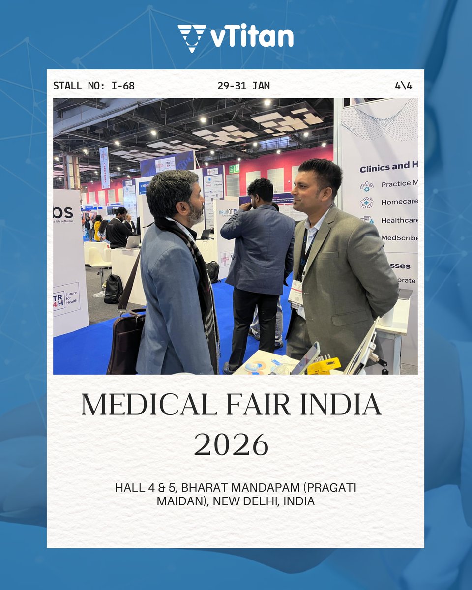 vTitan_Corp's tweet photo. Day 02 at #MedicalFairIndia2026 — and we’re back with fresh energy!
Drop by for conversations and live demos.
📅 29–31 January
📍 Stall No. I-68 | Hall 4 & 5, Bharat Mandapam, New Delhi
#VTitan #HealthcareInnovation #MedicalDevices #SmartHealthcare #MedTechIndia #DelhiEvents https://t.co/4hGgi3e4vK