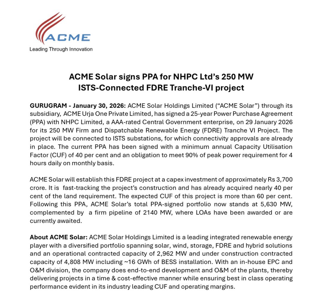 ACME Solar signs PPA for NHPC Ltd's 250 MW ISTS-Connected FDRE Tranche-VI project. #Energy #cleanenergy #renewables