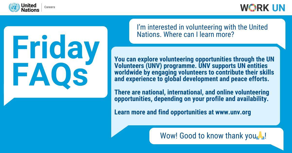 UNVSriLanka's tweet photo. Friday FAQs π
Want to volunteer with the UN? Opportunities are available including national, international, and online roles. Explore how you can support communities worldwide.
Learn more: https://t.co/CTfyVmfv9h
#FridayFAQs #UNVolunteers #UNV #Work4UN #VolunteerWithUN https://t.co/POYRKsflHb