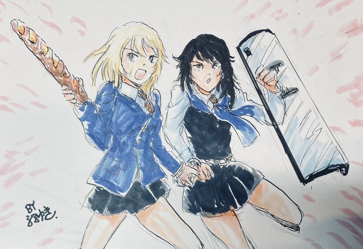 安藤(ガルパン) ,押田(ガルパン) 「第3幕の予告、青師団ラッシュだけで嬉しいのに押安のバディアクションも こんなに映」|ふるゆきのイラスト