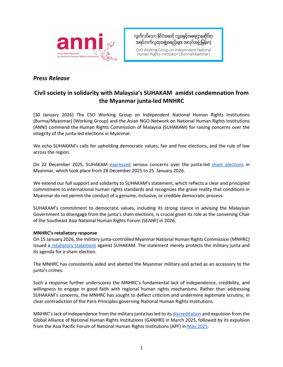 PVamplify's tweet photo. 📢 @WG_MMNHRI & ANNI express solidarity with @MalaysiaNHRI for condemning #Myanmar junta's sham elections & upholding democratic values.
“We hope to see the removal of the junta-controlled #MNHRC from #SEANF during the leadership of SUHAKAM."
Full text https://t.co/BGMKccRnQi https://t.co/psbURsuJuA