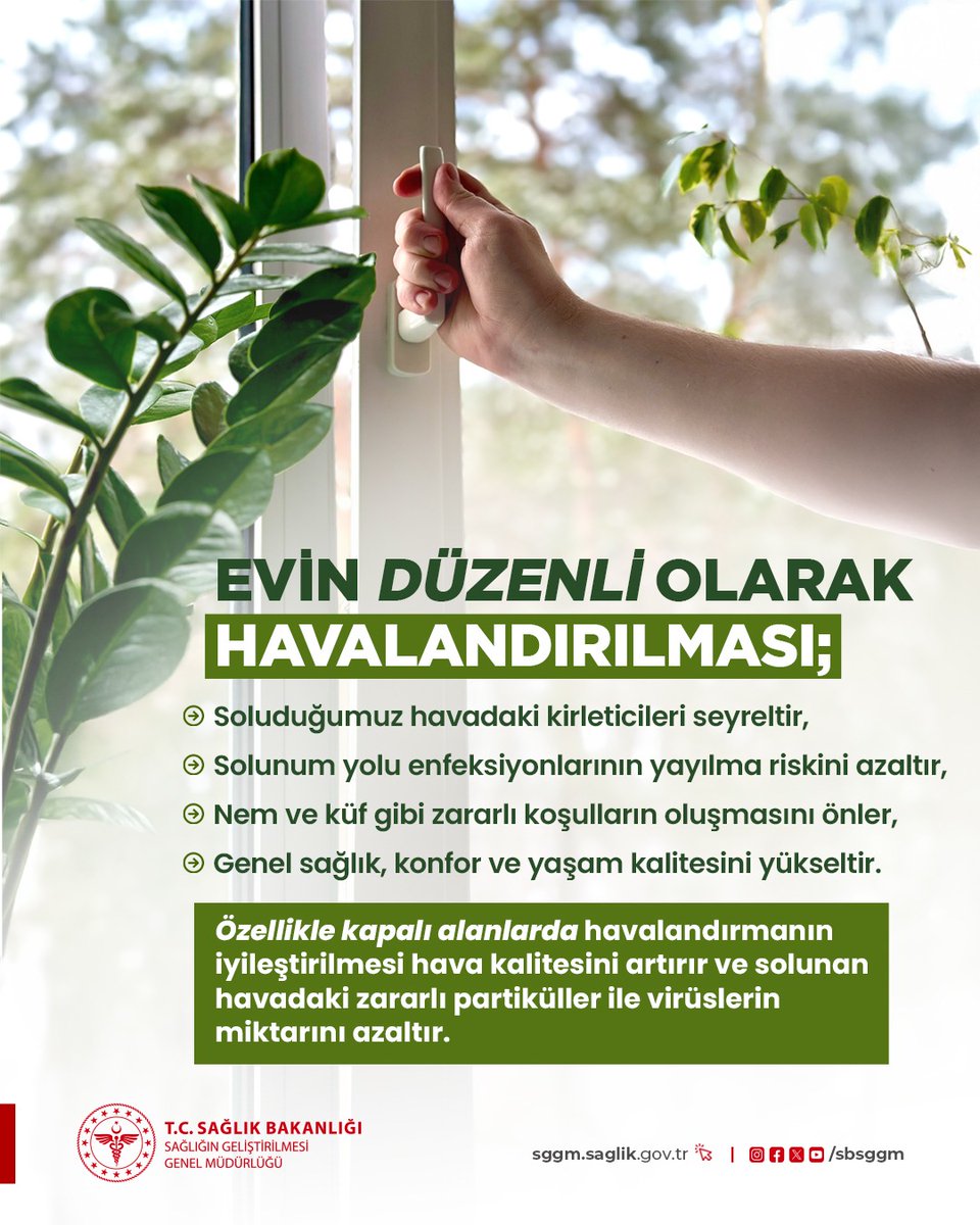 Havalandırma, iç mekâna dışarıdan temiz hava girişini sağlarken aynı zamanda kirli havayı dışarı tahliye eder. İç ortam havalandırması öncelikli bir halk sağlığı önlemi olarak kabul edilir.

#TemizHava
#Havalandırma