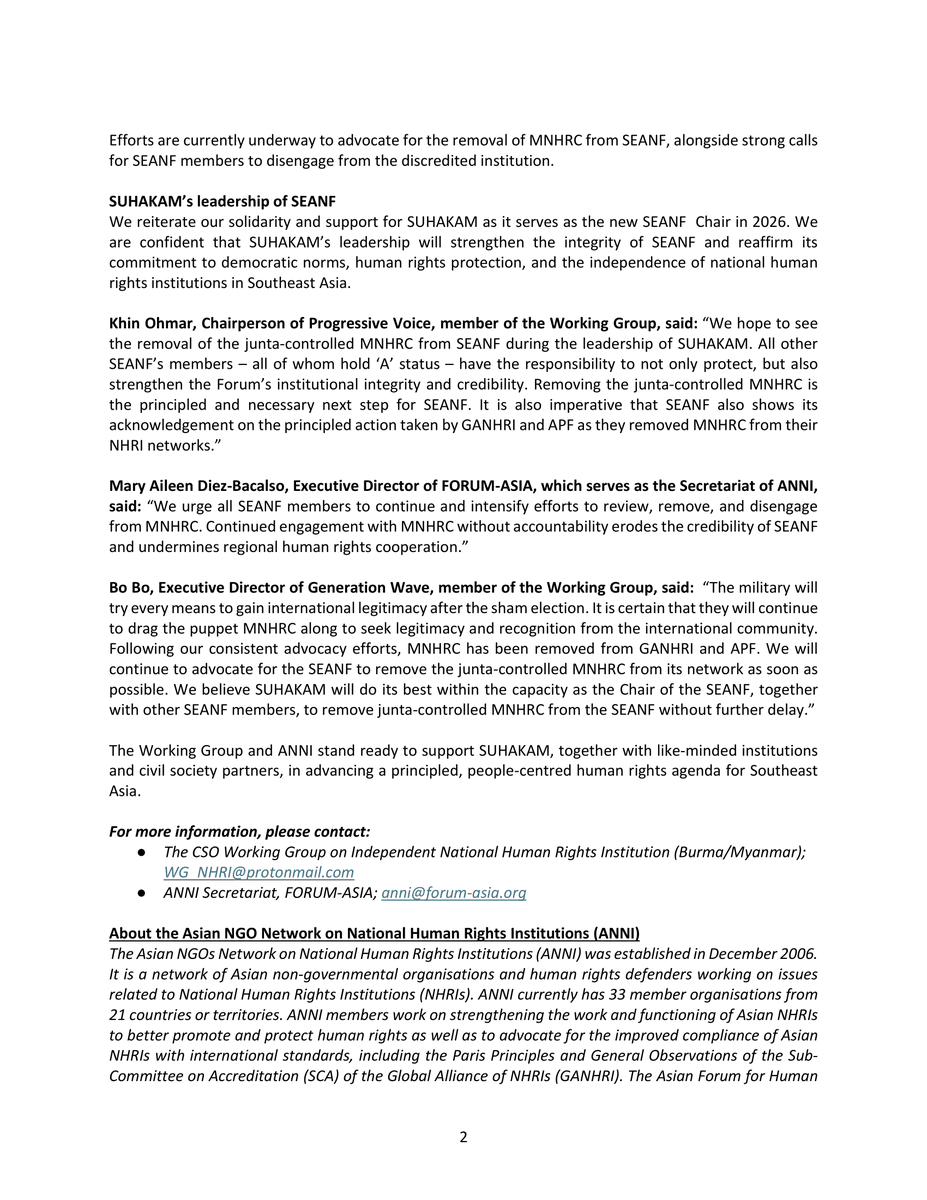 PVamplify's tweet photo. 📢 @WG_MMNHRI & ANNI express solidarity with @MalaysiaNHRI for condemning #Myanmar junta's sham elections & upholding democratic values.
“We hope to see the removal of the junta-controlled #MNHRC from #SEANF during the leadership of SUHAKAM."
Full text https://t.co/BGMKccRnQi https://t.co/psbURsuJuA