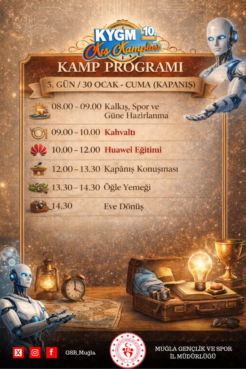 10.Tematik Kış Kampımızın son gününde dolu dolu bir programla kapanış yapıyoruz.

Sabah sporu ile güne başlıyor, kahvaltının ardından Huawei eğitimiyle teknolojiye odaklanıyoruz.
Kapanış konuşmaları ve öğle yemeğinin ardından kampımızı tamamlayarak evlerimize dönüyoruz.