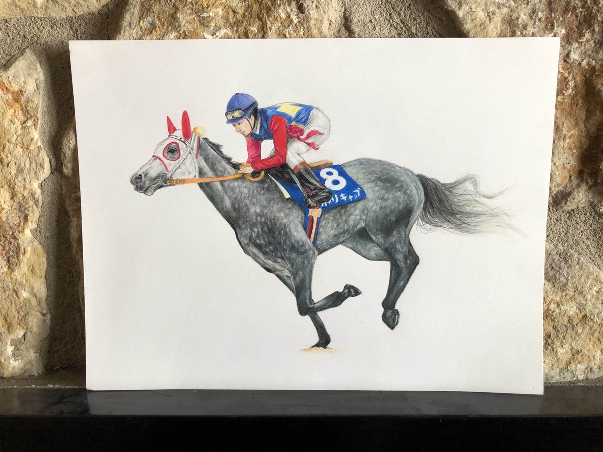 Oguri Cap!! In colored pencil, this beloved Japanese race horse was super fun to draw. The ashen beast... I really loved drawing the grey fur and the pose in action like this. :D