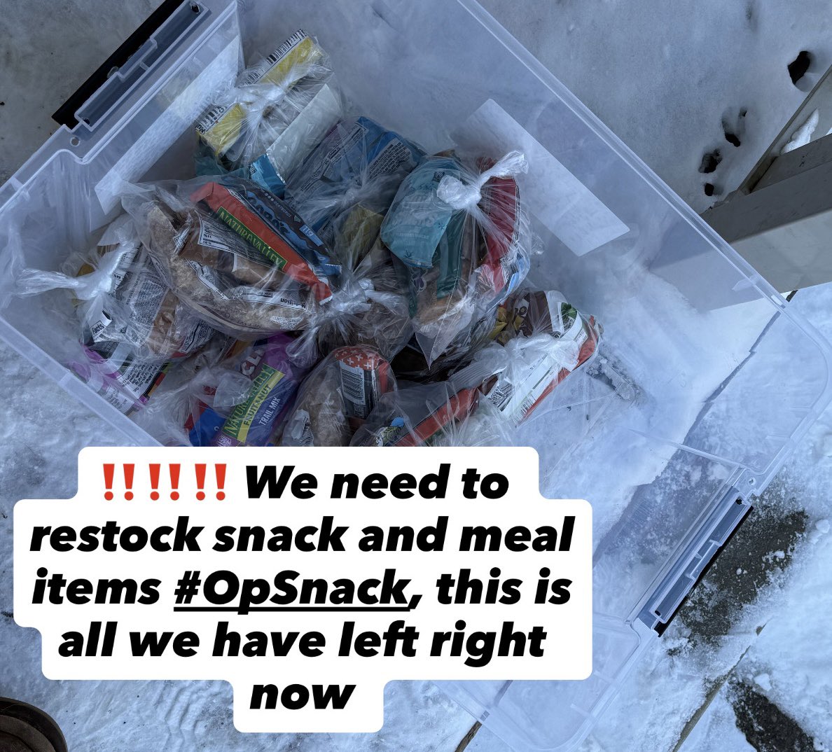 I’ve been so focused on some other issues here in Flint I forgot how low we were running on snacks/food for #OpSnack 

We are still seeing dozens of kids for snack/meal bags every day even though it’s been in below zero windchills. 

We haven’t done a full restock since October!