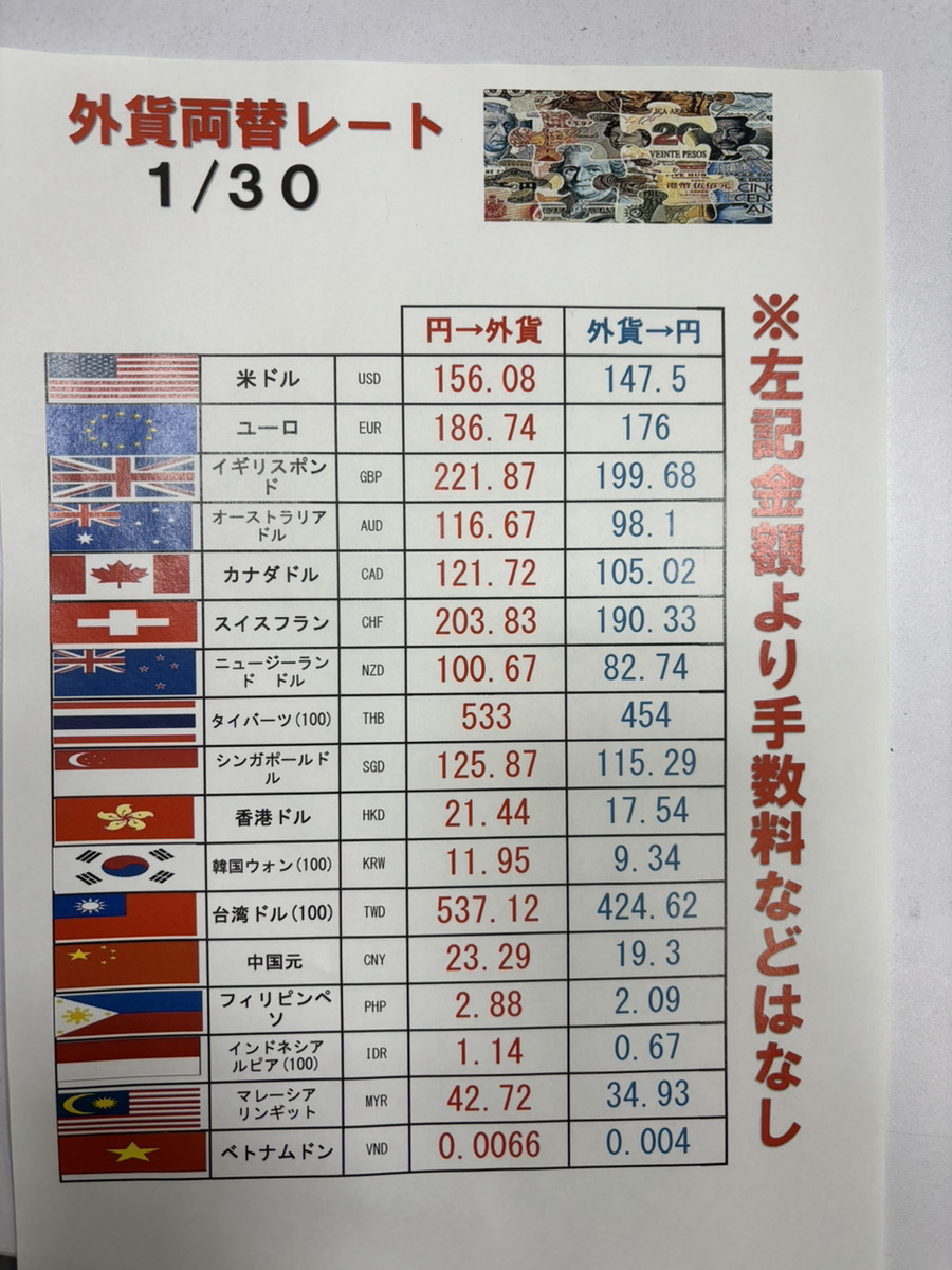 1/30(金)外貨両替レートです。 営業時間 平日10：30~18：00 日・祝10：00~17：00 ※外貨両替受付は閉店３０分前まで  Tel:072-686-3101 店舗詳細 https://t.co/5KUijsGADl #高槻 #外貨両替 #ドル円 #ユーロ #為替 #韓国  #海外旅行 #金券ショップ