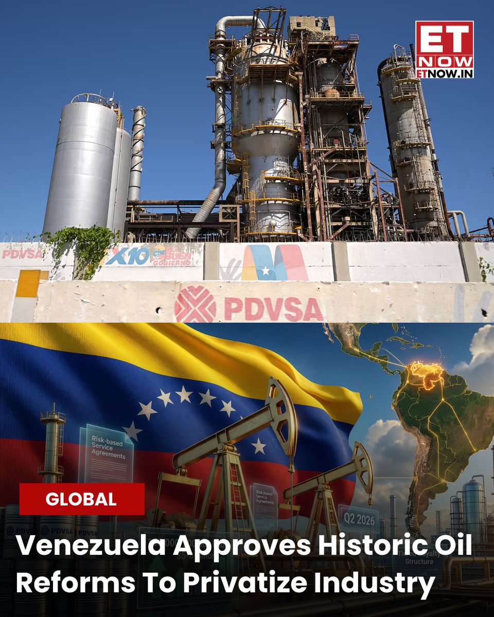 ETNOWlive's tweet photo. #NewsFatafat | Venezuela has passed a landmark legal overhaul of its energy sector, effectively ending decades of strict state dominance. The new reforms grant private companies unprecedented autonomy to manage oil production and sales, while introducing a flexible tax framework and international arbitration to lure back global investors. Following the vote, Washington moved to ease key sanctions, signaling a major shift in the race for the world’s largest crude reserves

#Venezuela #OilReform #EnergyNews #PDVSA #GlobalEconomy