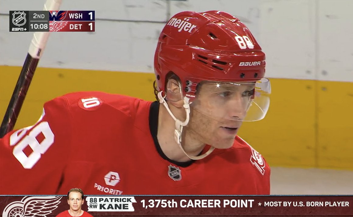 BradGalli's tweet photo. HISTORY! Patrick Kane is the new all-time US-born points leader in NHL History.

The Red Wings forward assisted on Ben Chiarot's goal. https://t.co/Q5DBU0KtlG