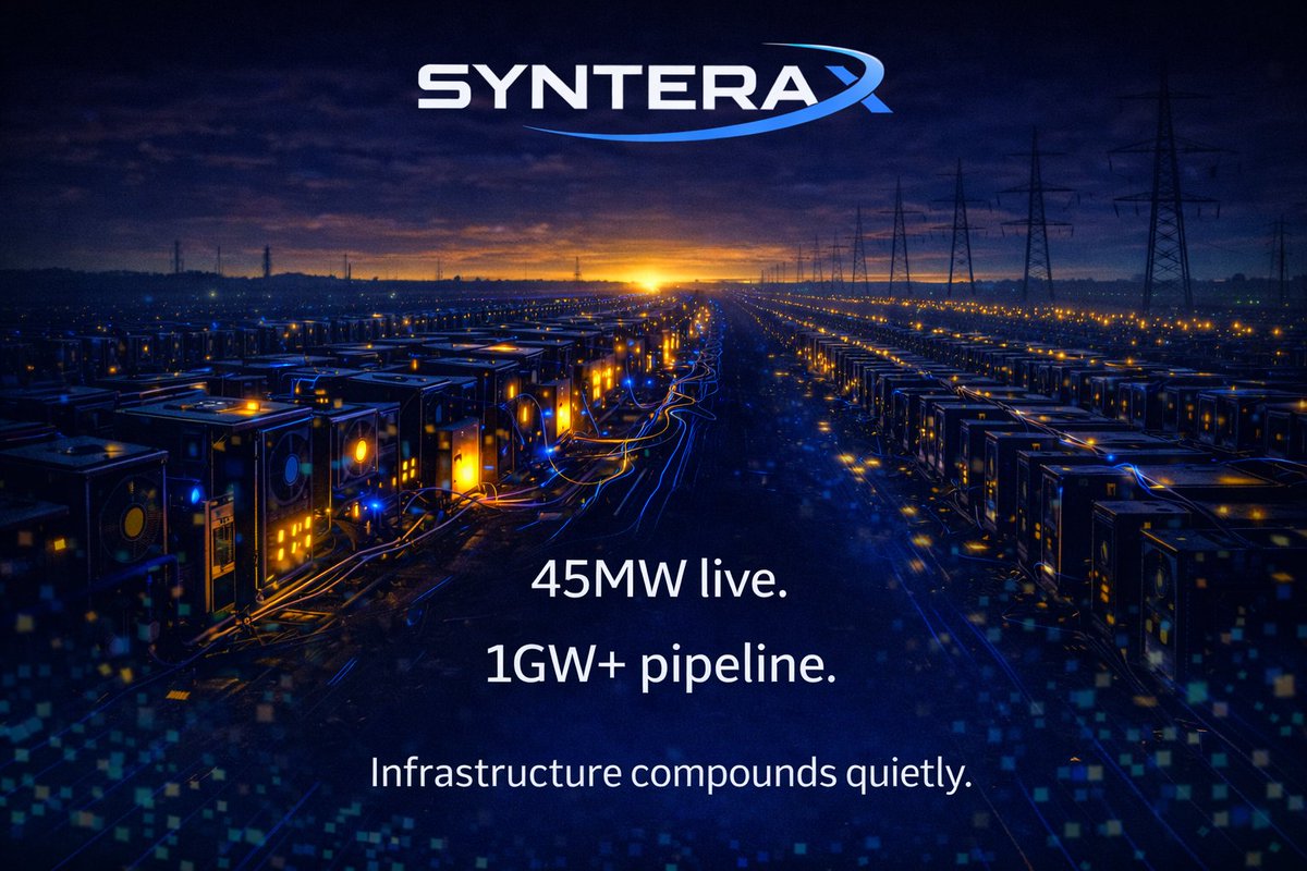 RealSynteraX's tweet photo. ⚡ 45MW live.
🚀 1GW+ in the pipeline.
📉 Infrastructure compounds quietly.
Real scale. Real energy. Real Bitcoin.
#SynteraX #BitcoinMining #Web3Infrastructure #XFlow https://t.co/WLdAyDSGiR