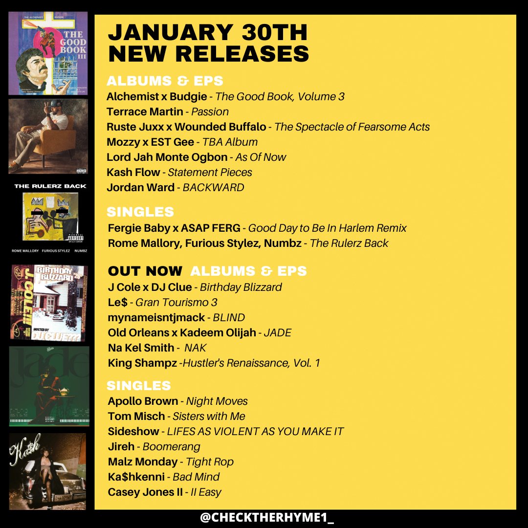 checktherhyme1_'s tweet photo. 🚨 This week's new drops 

Alchemist x Budgie
Apollo Brown
Terrace Martin
J Cole x DJ Clue
Ruste Juxx x Wounded Buffalo
Mozzy x EST Gee
Sideshow
Lord Jah Monte Ogbon
Tom Misch
Rome Mallory, Furious Stylez, Numbz
Kash Flow
Le$
Jireh
Jordan Ward 
Na Kel Smith
Ka$hkenni
+more https://t.co/XEmnx7VaVv