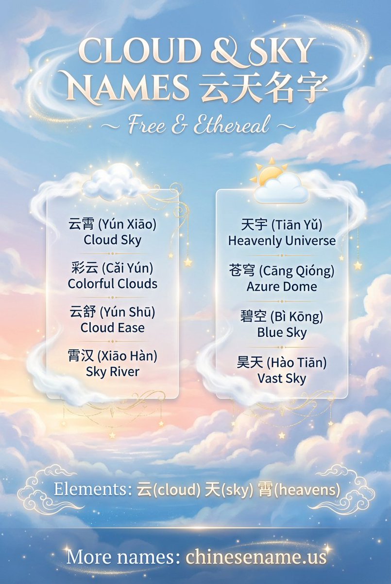 yangjerry666's tweet image. Float among the clouds. ☁️✨

Discover our collection of Chinese Names inspired by the Sky &amp;amp; Heavens. Ethereal, free-spirited, and perfect for dreamers.

🌤️ Find your sky name: chinesename.us

#Ethereal #CloudNames #ChineseNames #Aesthetic
