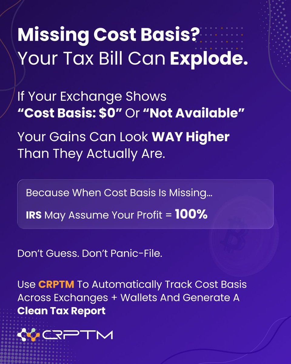 xcrptm's tweet photo. When cost basis is missing, profits get overstated and so does your tax.
CRPTM reconstructs your cost basis, so you pay what’s fair, not inflated. 

#CRPTM #IRS #Taxtip #cryptotax https://t.co/yQeC0bDkdk