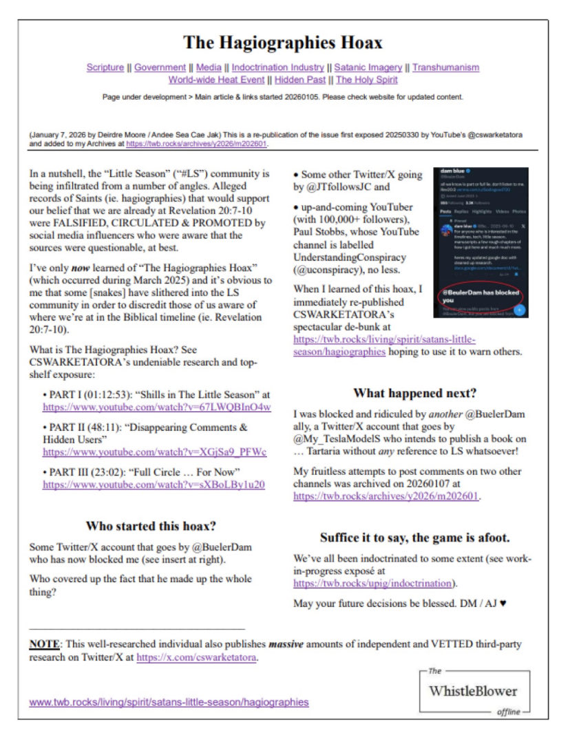 CaeJak's tweet photo. @Leave_Babylon I thought I was having no real conversations re: fact that we’re currently at #Revelation 20:7-10?

I evidence my most recent mail campaign &amp; a website that I maintain &amp; now I’m an attention seeker?

Regardless,
any opinion yet on CSW’s exposure of the #Hagiographies #Hoax? https://t.co/WIJdEqksXu