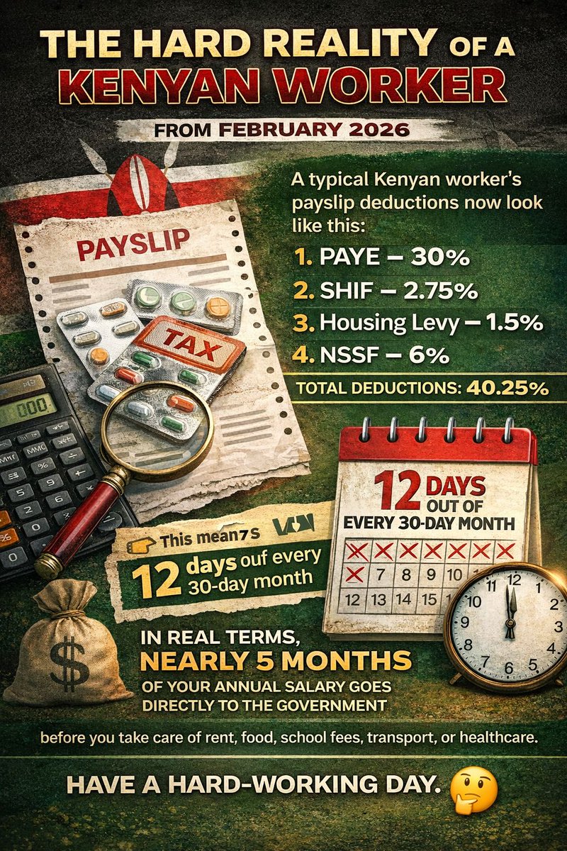 alaminkimathi's tweet image. The painful reality of a Kenyan Worker from February 2026

1. PAYE - 30%
2. SHIF - 2.75%
3. H/Levy - 1.5%
4. NSSF - 6%
Total = 40.25% 

HENCE, the total tax on payslip is equivalent to 12 days out of 30 days in a month. Thus, for nearly 5 MONTHS, GoK takes your entire salary.
🤔